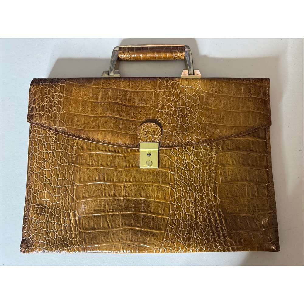 Vintage Vivace Cognac Tan Croc/ Alligator Embossed Briefcase Bag Attache Amiet